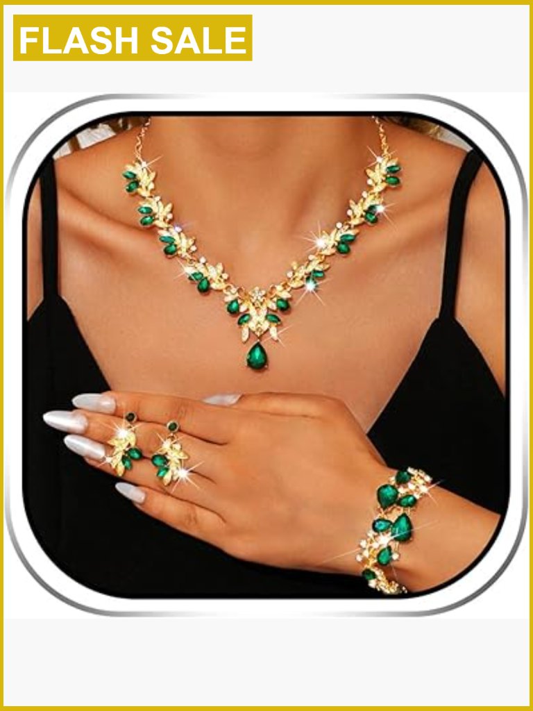 Bridal Wedding Rhinestone Jewelry Set Gold Crystal Necklace Earrings